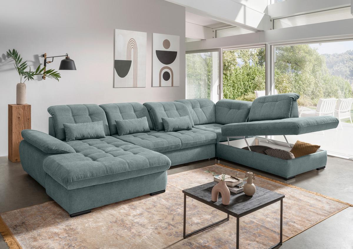 Wohnlandschaft Mit Bettkasten Rigatti Blau B: 387 Cm - Blau/Schwarz, MODERN, Textil (184/387/252cm) - Livetastic
