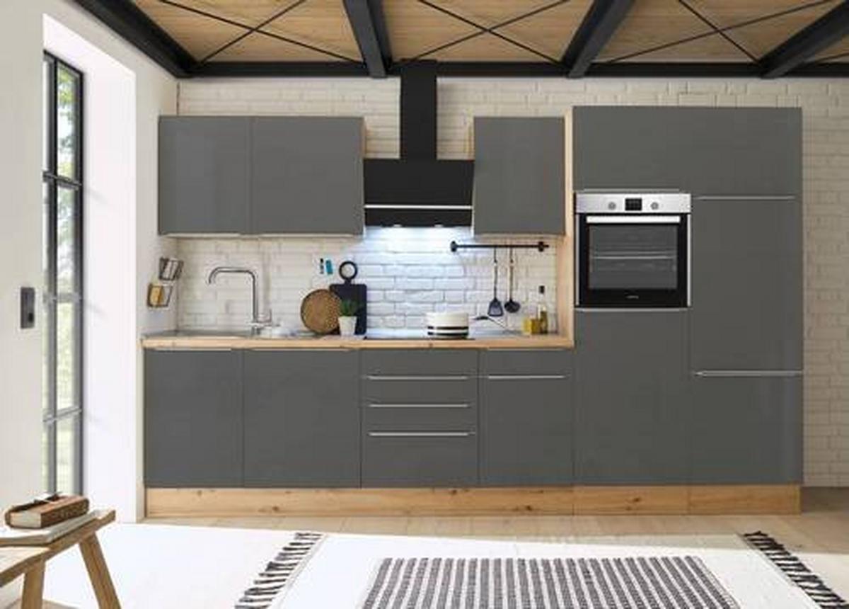 Küchenzeile mit Geräten B: 340 cm Grau/Eiche Dekor - Anthrazit/Eiche Artisan, LIFESTYLE, Holzwerkstoff (340cm) - Respekta