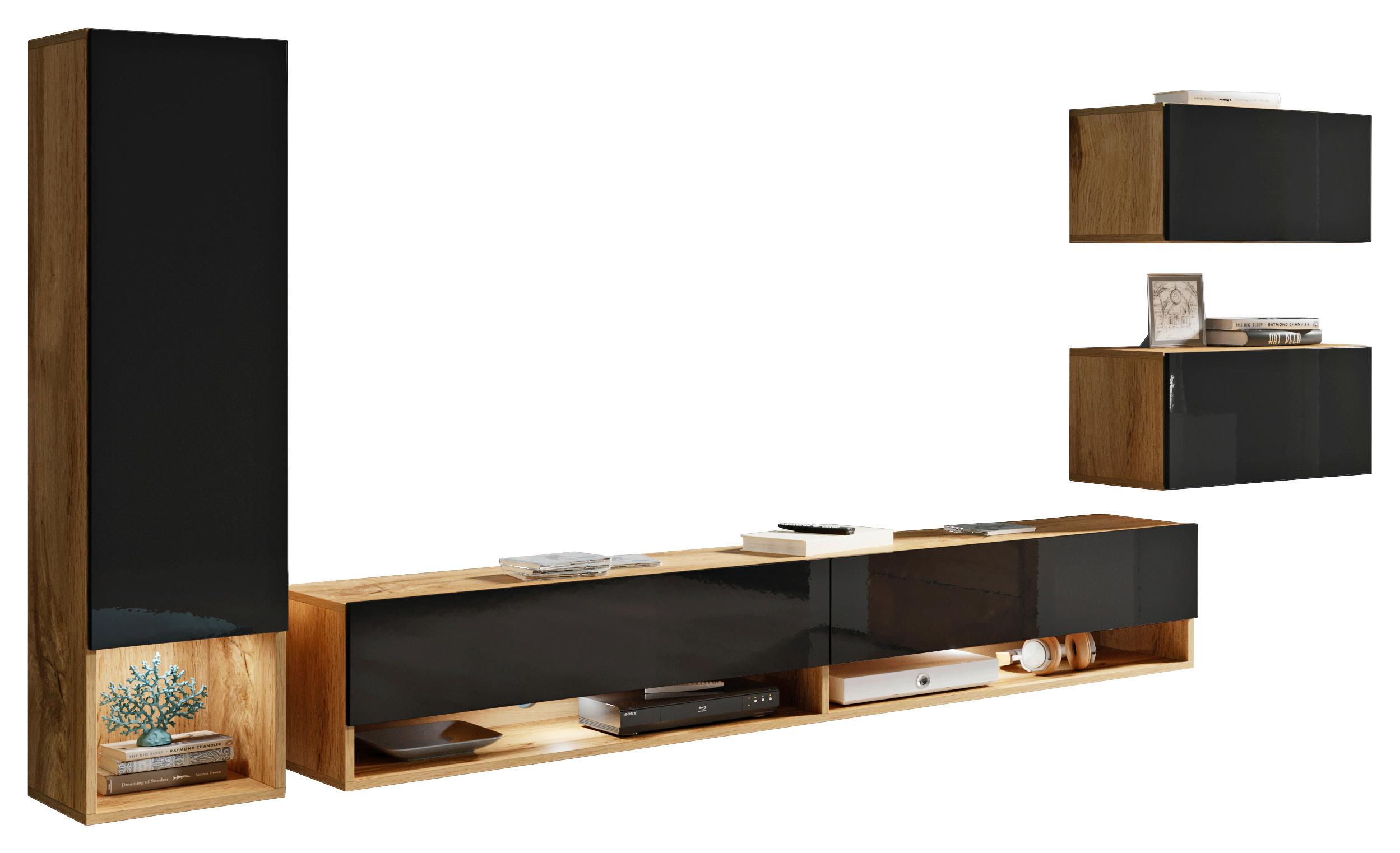 Obývací stěna, 4- dílna, s LED osvětlením - dub wotan/vysoce lesklá černá, Lifestyle, kompozitní dřevo (270/130/32,5cm) - P & B