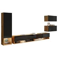 Obývacia stena, 4-dielna sada, s LED osvetlením - biela s vysokým leskom/dub wotan, Lifestyle, kompozitné drevo (270/130/32,5cm) - P & B