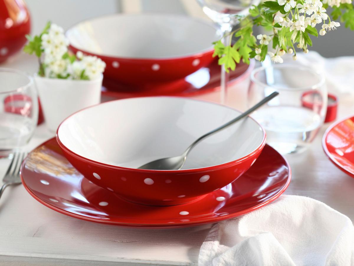 Tafelservice Polka Dots Rot/weiß, 6 Pers., 12-Teilig - Rot/Weiß, Basics, Keramik - Creatable