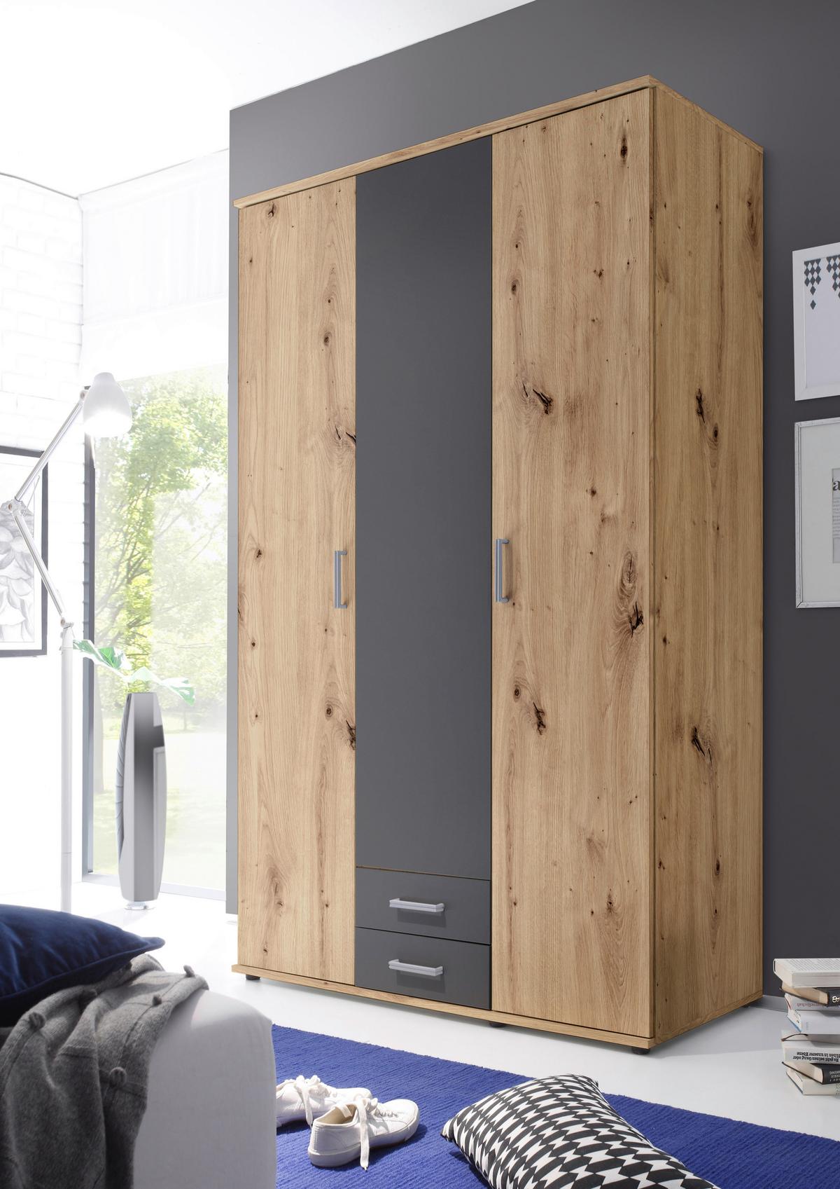 Skříň s otočnými dveřmi PAUL š.120cm, dub Artisan/grafit - bílá/barvy grafitu, Romantický / Rustikální, kompozitní dřevo/plast (119,6/196,3/53,5cm)