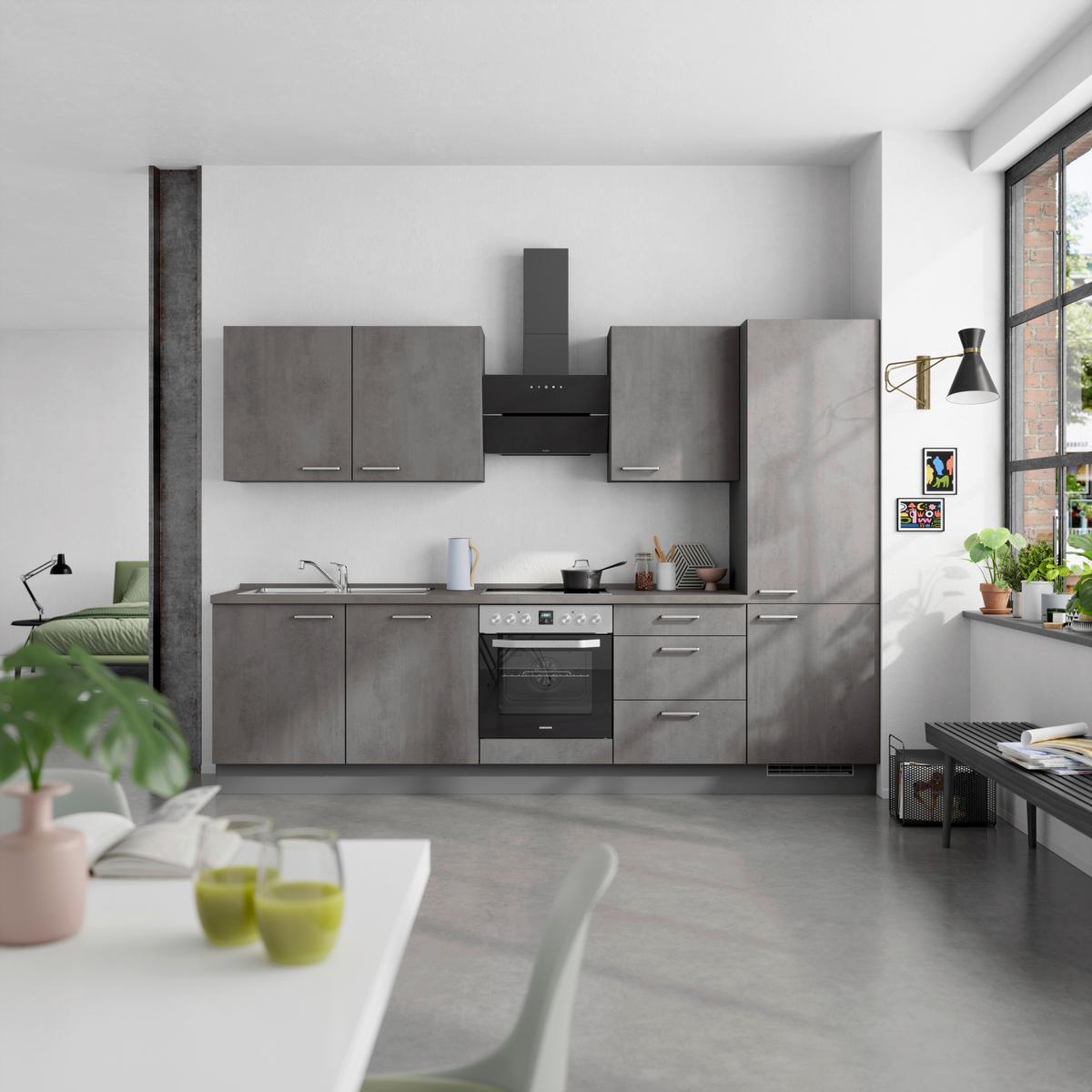 Kuchynská linka 300 cm, bridl.šedý betón/bridl.šedá - farba ušľachtilej ocele/bridlicová, Modern, kov/kompozitné drevo (300cm) - Nobilia