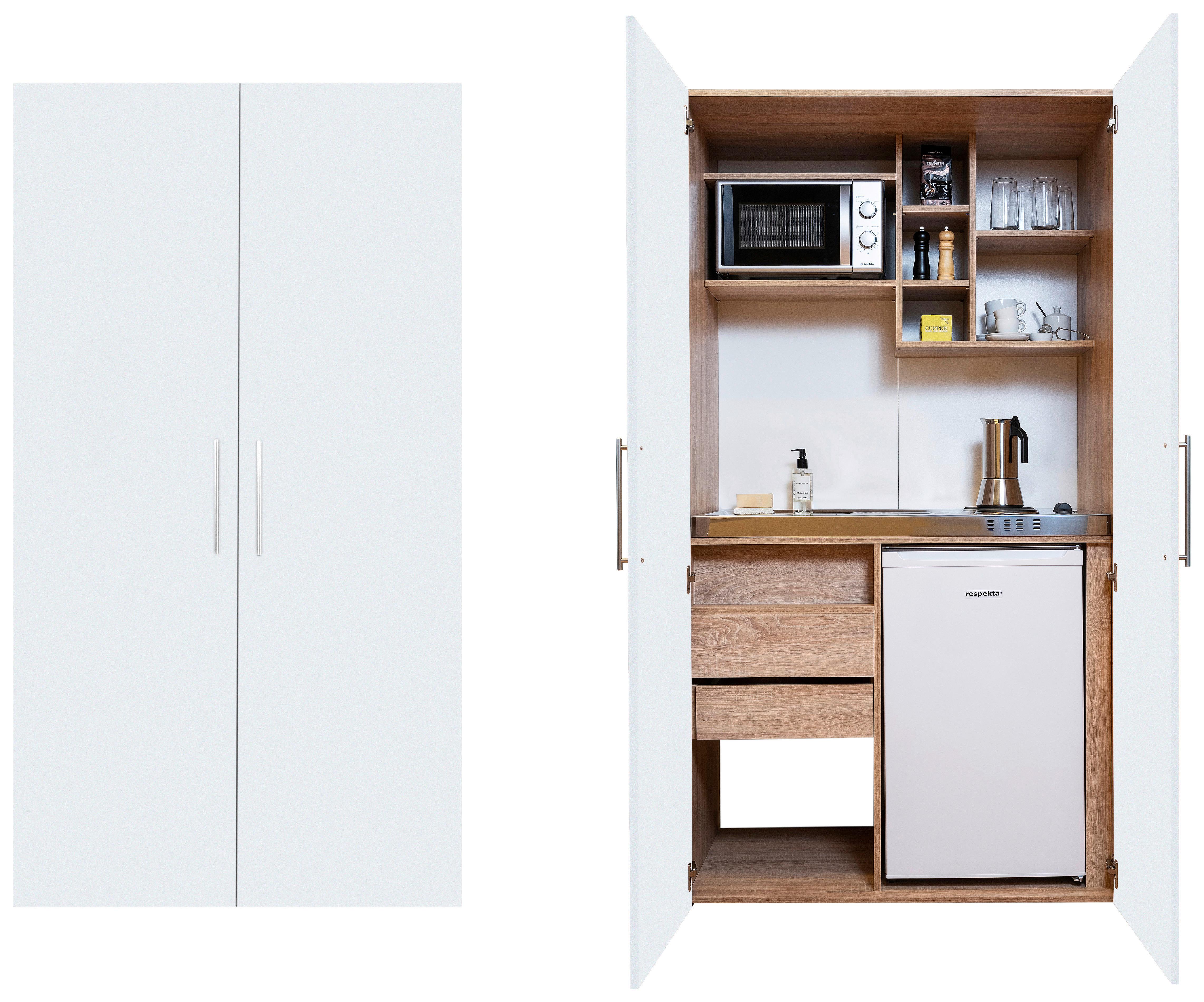 Schrankküche mit Kühlschrank + Kochfeld 104 cm Weiß - Edelstahlfarben/Eichefarben, KONVENTIONELL, Holzwerkstoff/Metall (104/193/67cm) - Respekta