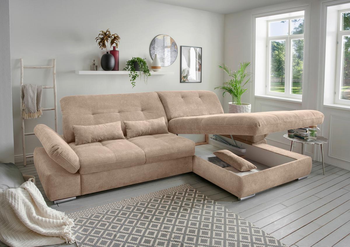 Ecksofa Dalida Hellbraun S: 300x196 cm - Chromfarben/Hellbraun, MODERN, Textil (300/196cm) - Livetastic