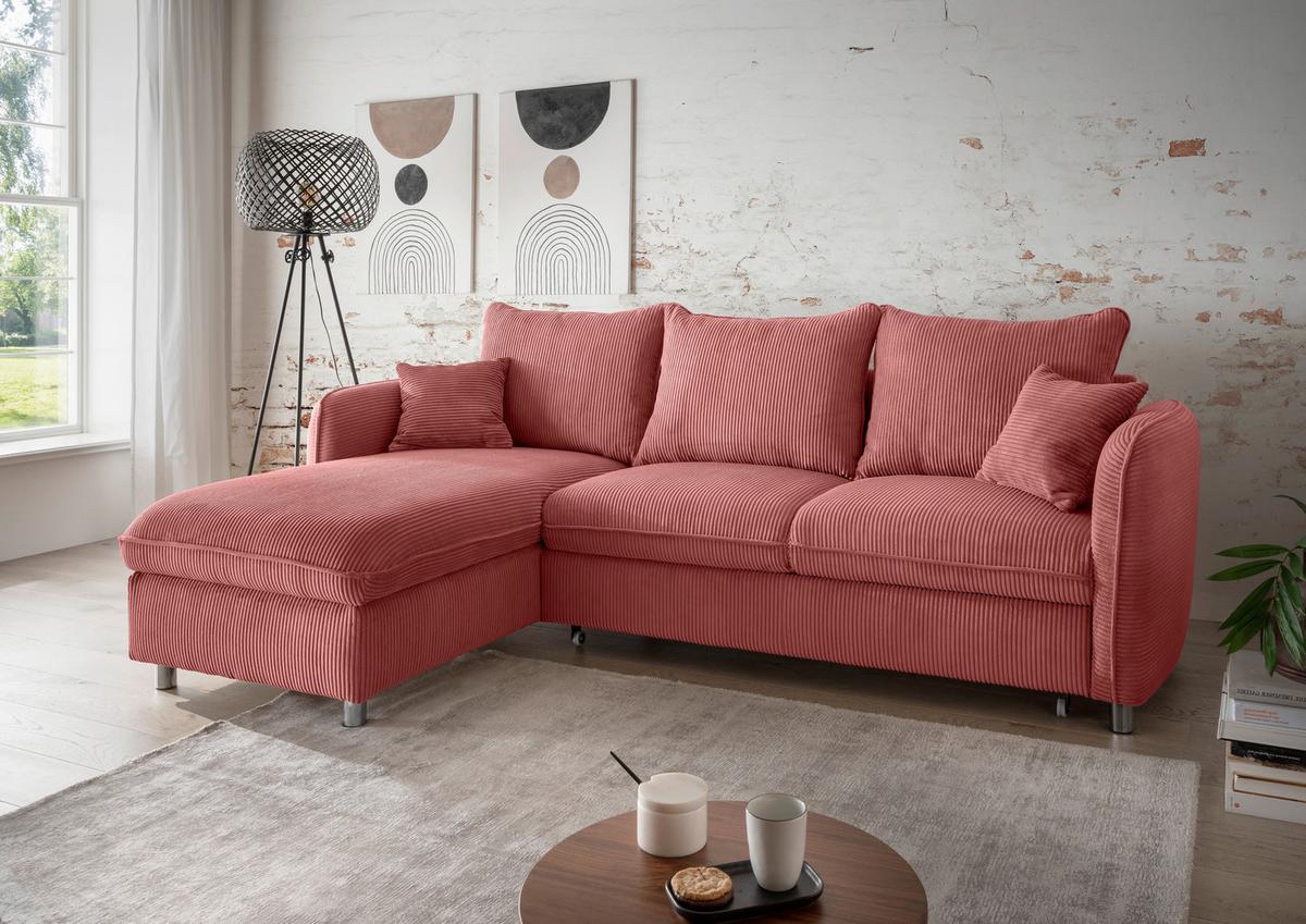 Eckschlafsofa Lauritio Koralle S: 254x160 cm - Chromfarben/Koralle, MODERN, Textil (254/160cm) - Livetastic
