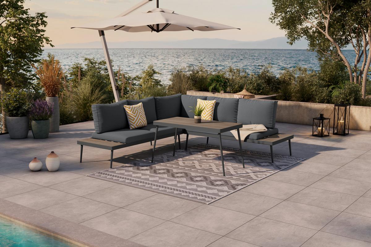 Loungegarnitur 3-Tlg Brügge Metall/Kunststoff mit Kissen - Dunkelgrau/Naturfarben, MODERN, Kunststoff/Textil (226/226cm) - Beldano