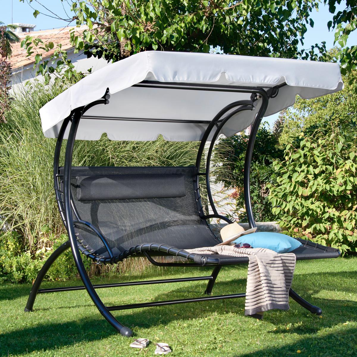 Hollywoodschaukel Mit Sonnendach Monaco 2 Personen - Schwarz, MODERN, Textil/Metall (169/174/177cm) - Luca Bessoni