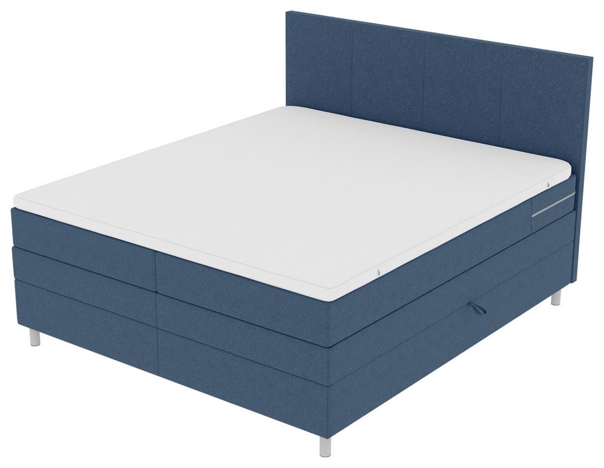 Boxspringbett mit Topper und Bettkasten 160x200 cm Messina - Chromfarben/Blau, KONVENTIONELL, Textil (160/200cm)