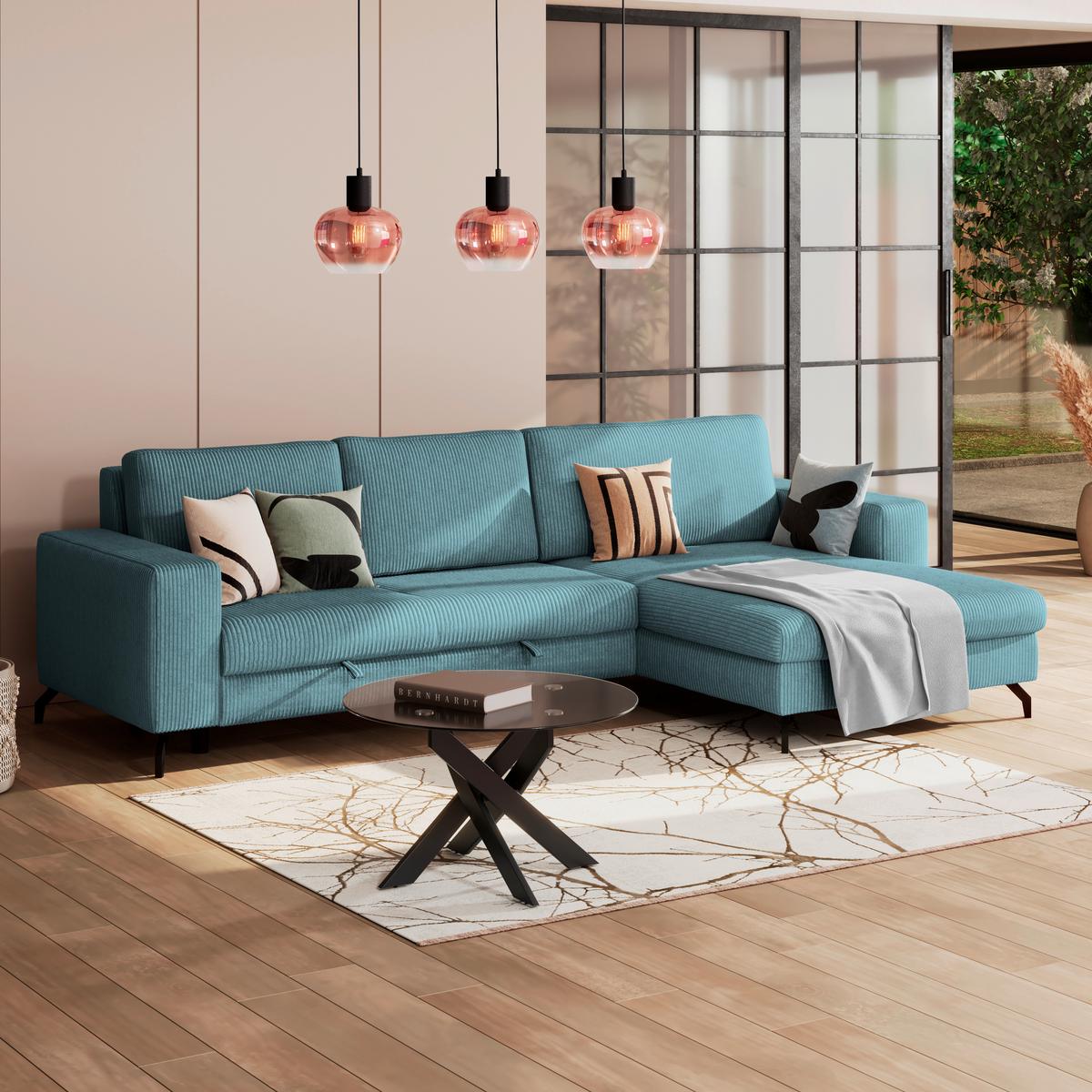 Ecksofa mit Schlaffunktion & Bettkasten Cloud Hellblau Cord - Hellblau, Trend, Textil (290/178cm)