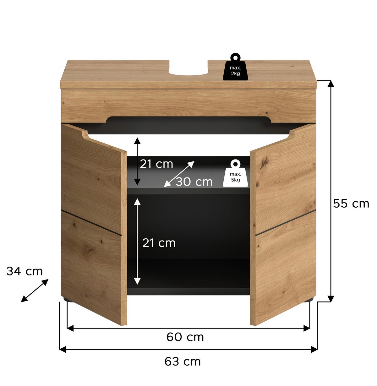 Waschbeckenunterschrank Canu Eiche Artisan Dekor Dunkelgrau - Dunkelgrau/Schwarz, MODERN, Holzwerkstoff (63/55/34cm) - MID.YOU