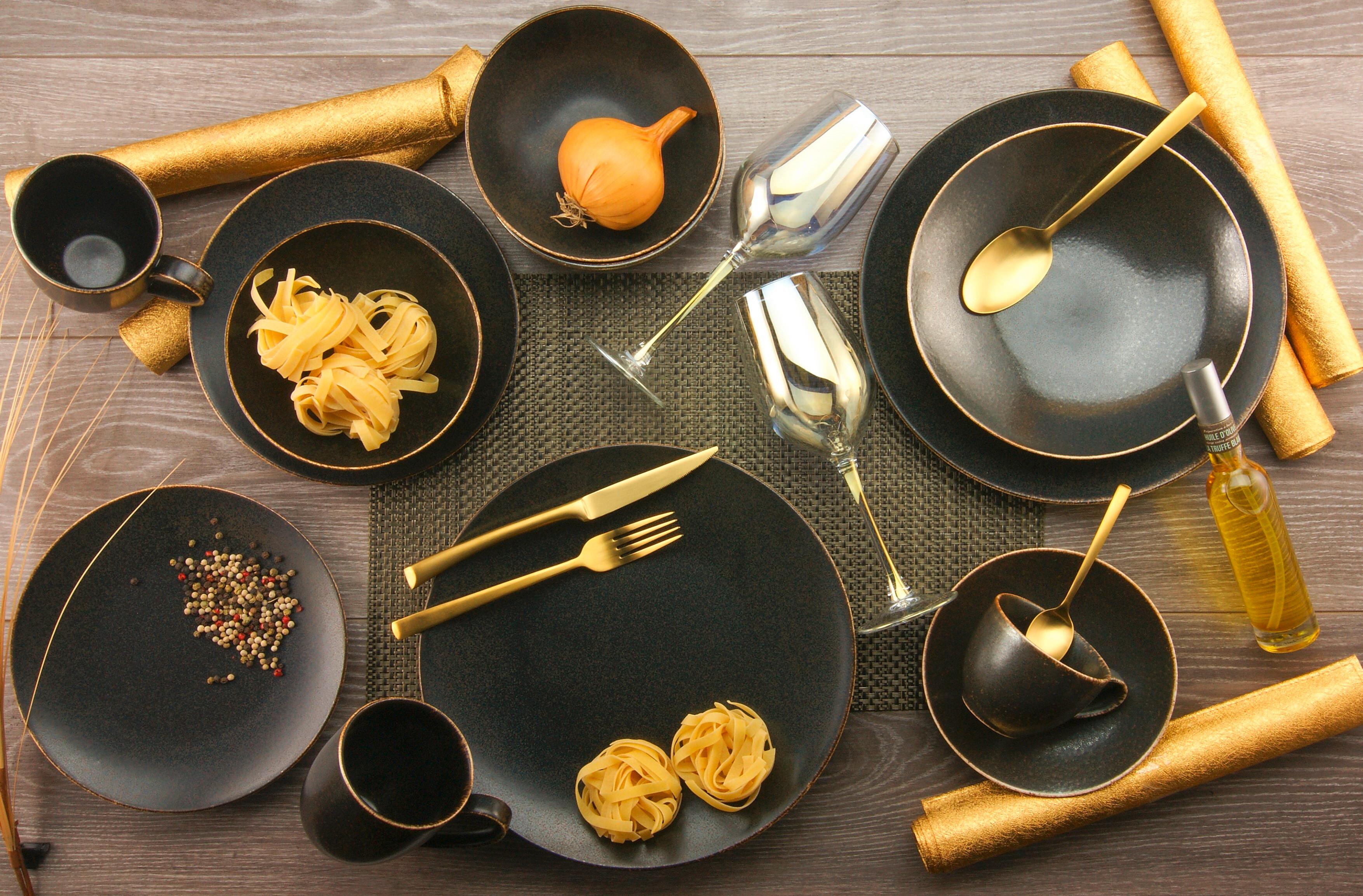 Kombiservice Rusty Keramik 4 Personen Geschirr Set - Goldfarben/Schwarz, Design, Keramik (33/34/34cm) - Creatable