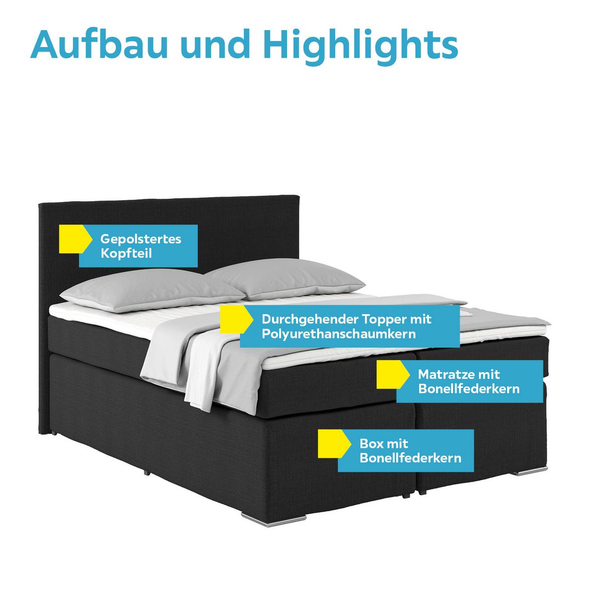 Boxspringbett mit Topper 160x200 Nero, Schwarz - Chromfarben/Schwarz, KONVENTIONELL, Textil (160/200cm)
