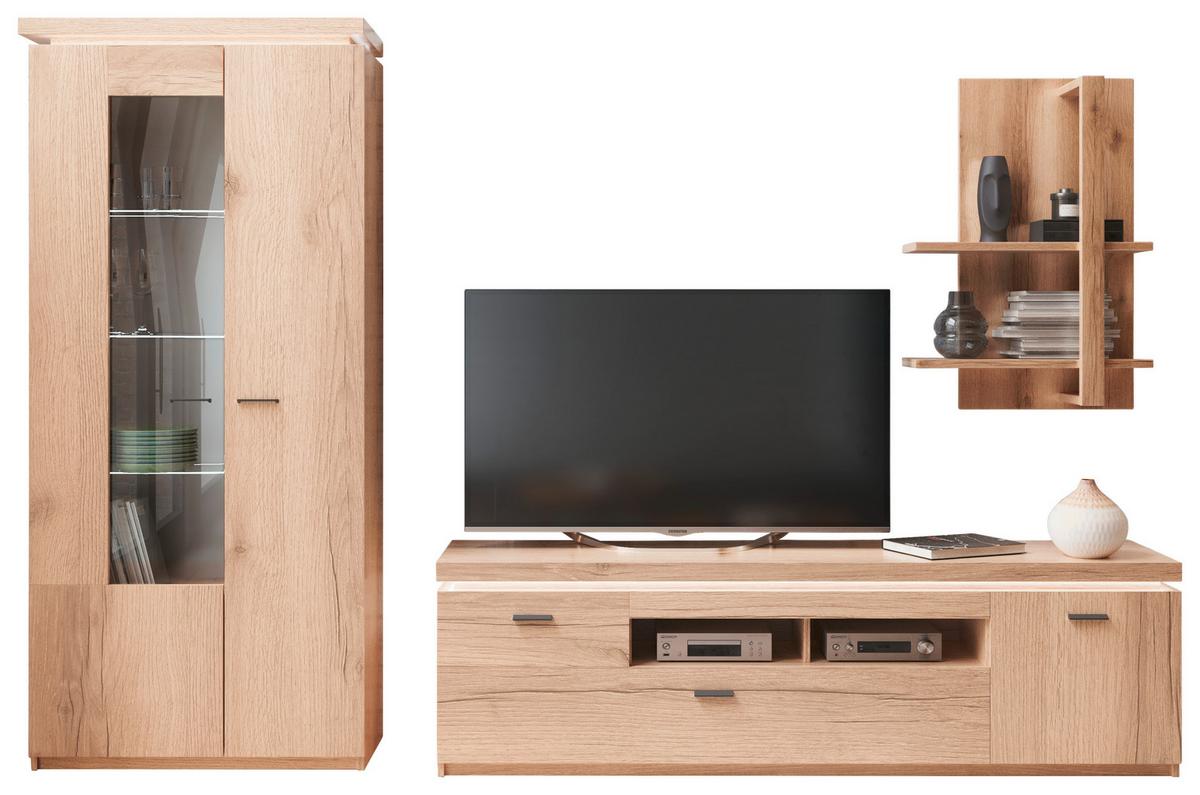 Wohnkombination Modern 3 -teilig. Mit Led Vancouver, Eiche Dekor - Eichefarben, MODERN, Glas/Holzwerkstoff (284/198/44cm)