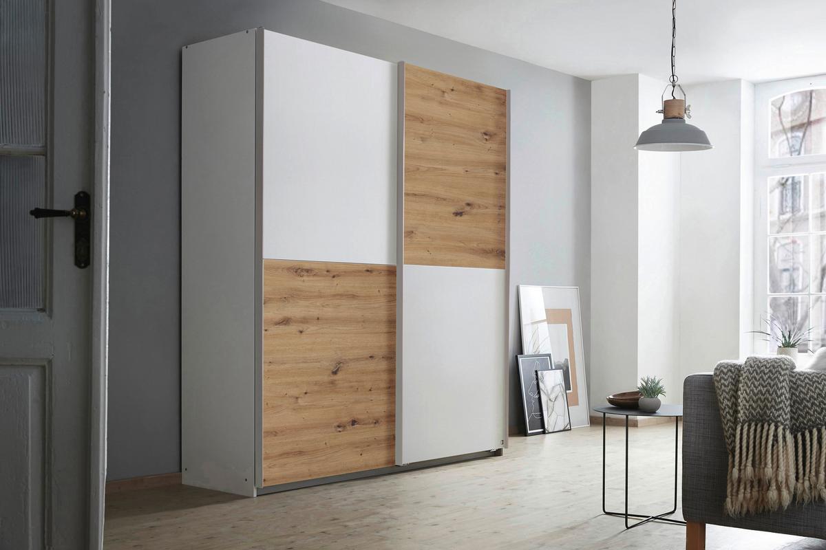 Schwebetürenschrank B: 175 cm Mars Weiße/Eiche Dekor - Weiß/Eiche Artisan, KONVENTIONELL, Holzwerkstoff (175/191/59cm)
