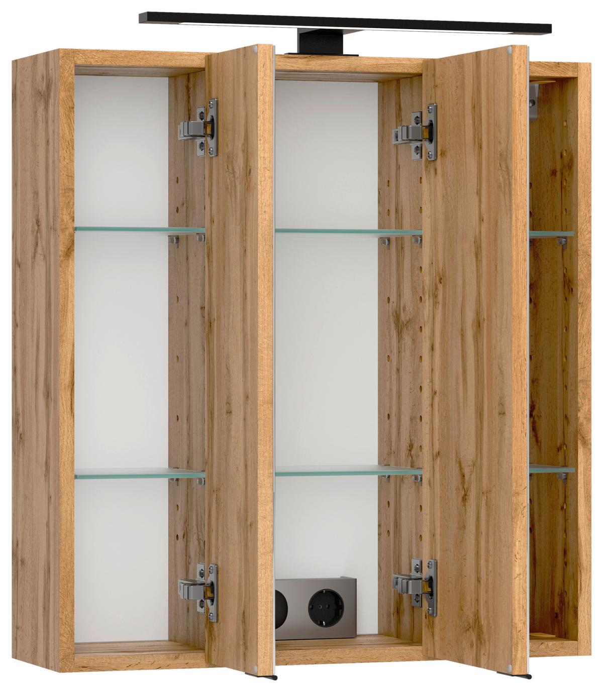 Spiegelschrank Chester + LED Beleuchtung 3 Türen +Steckdose - Eiche Wotan, MODERN, Glas/Holzwerkstoff (60/67,5/20cm) - Held