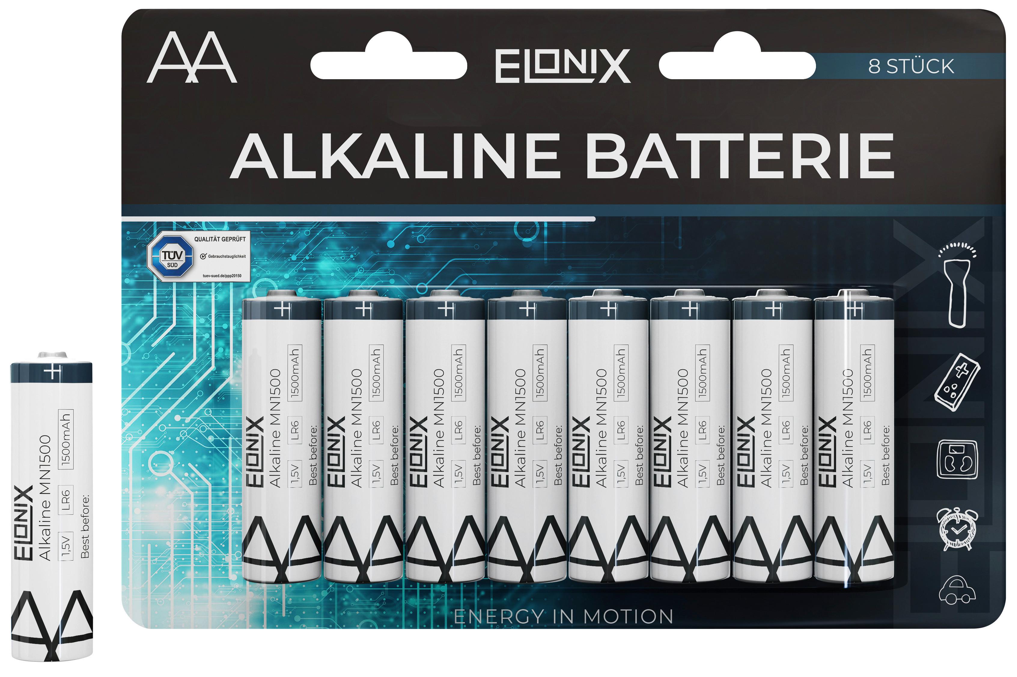 Batterien Alkaline AA 1,5 V 8 Stk. - Blau/Schwarz, Basics (1,4/4,8cm) - Elonix