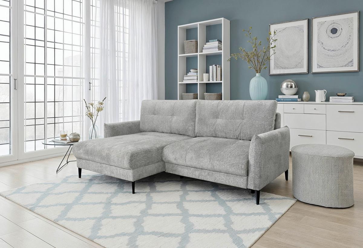 Ecksofa Polis Webstoff Grau, 221x142cm - Schwarz/Grau, Trend, Textil (221/142cm) - Ondega