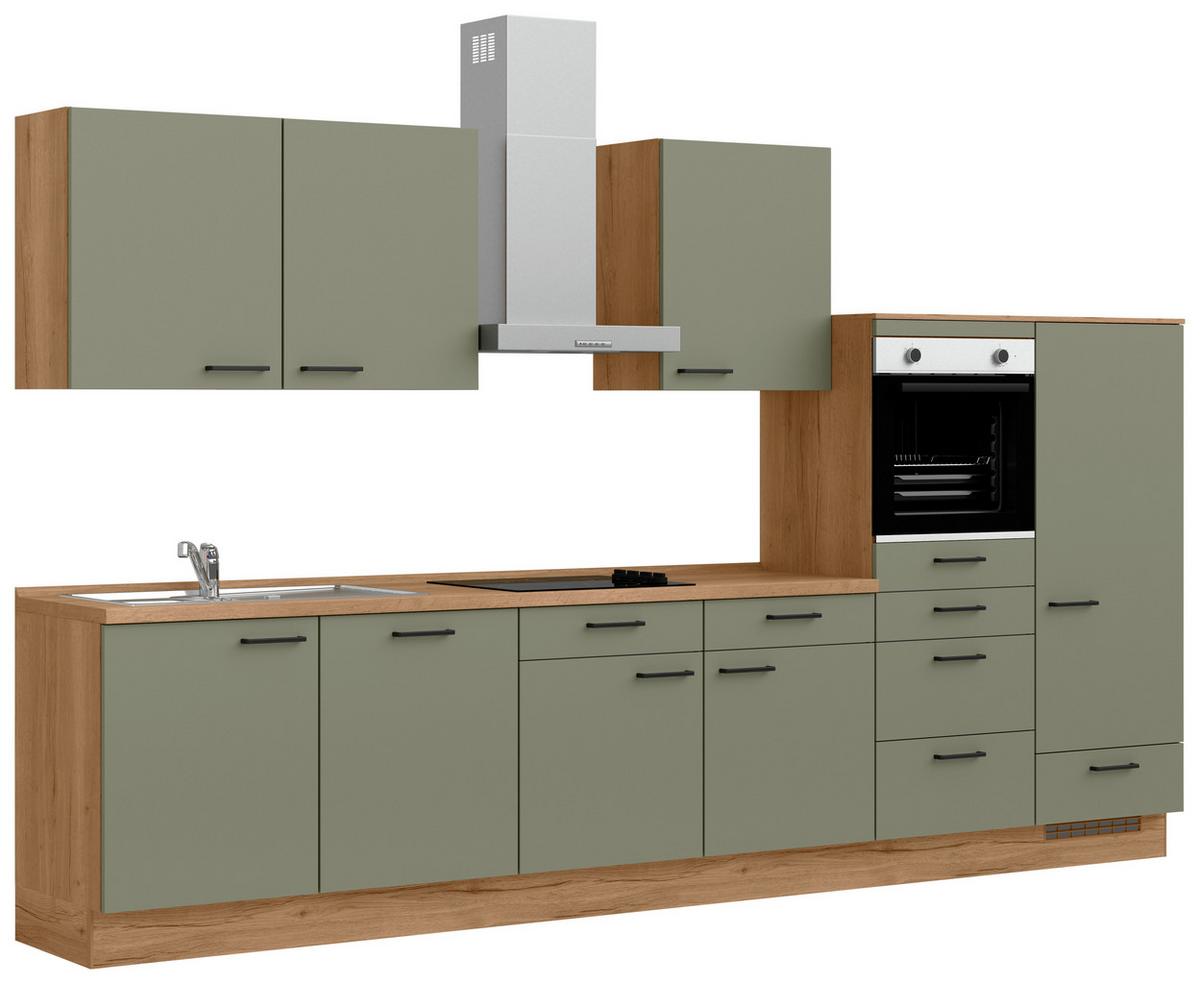 Kuchyňská linka 360 cm, olivově zelená - barvy dubu/černá, Moderní, kov/kompozitní dřevo (360cm) - Nobilia