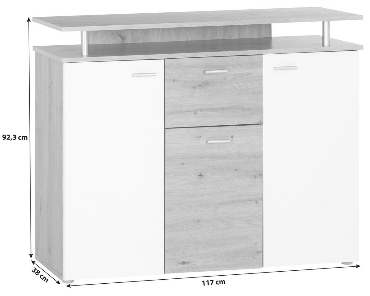 Kommode 117cm Leon, Weiß Leon - Eiche Artisan/Weiß, MODERN, Holzwerkstoff (117/92,3/38cm)