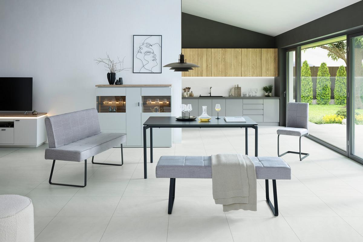 Sitzbank Tilos mit Lehne Samt Hellgrau, B: 140 cm - Hellbraun/Hellgrau, KONVENTIONELL, Textil/Metall (140/88/62cm) - MID.YOU