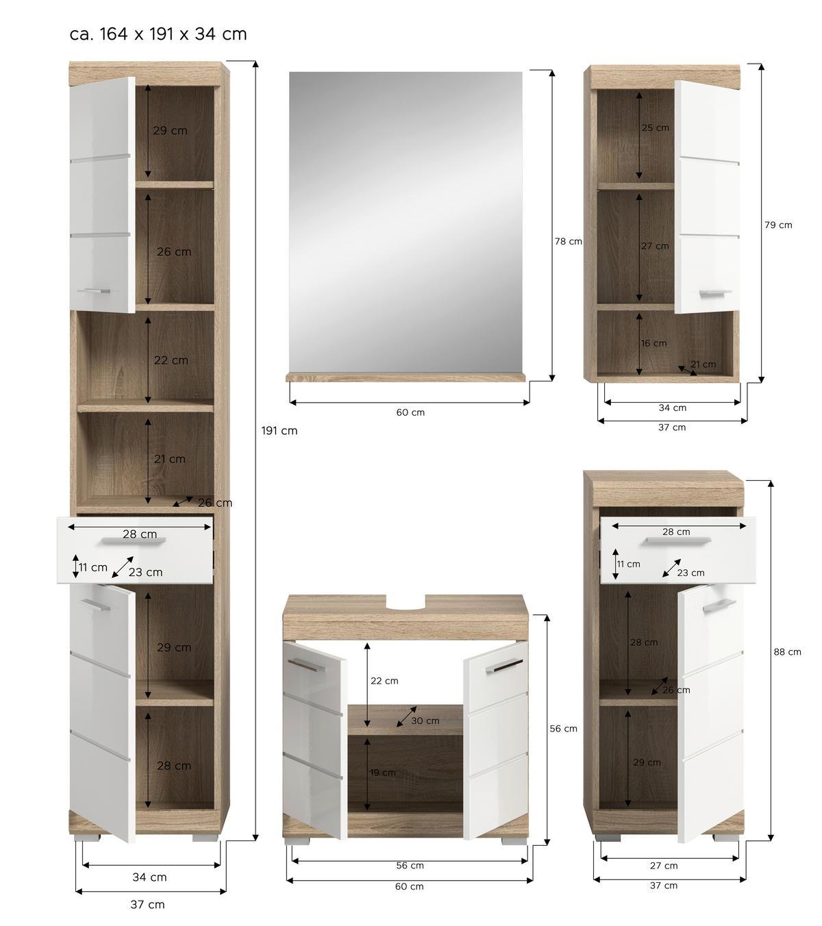 Badezimmer Lambada Eiche Dekor/weiß B: 134 Cm - Weiß Hochglanz/Silberfarben, MODERN, Glas/Holzwerkstoff (134cm) - MID.YOU