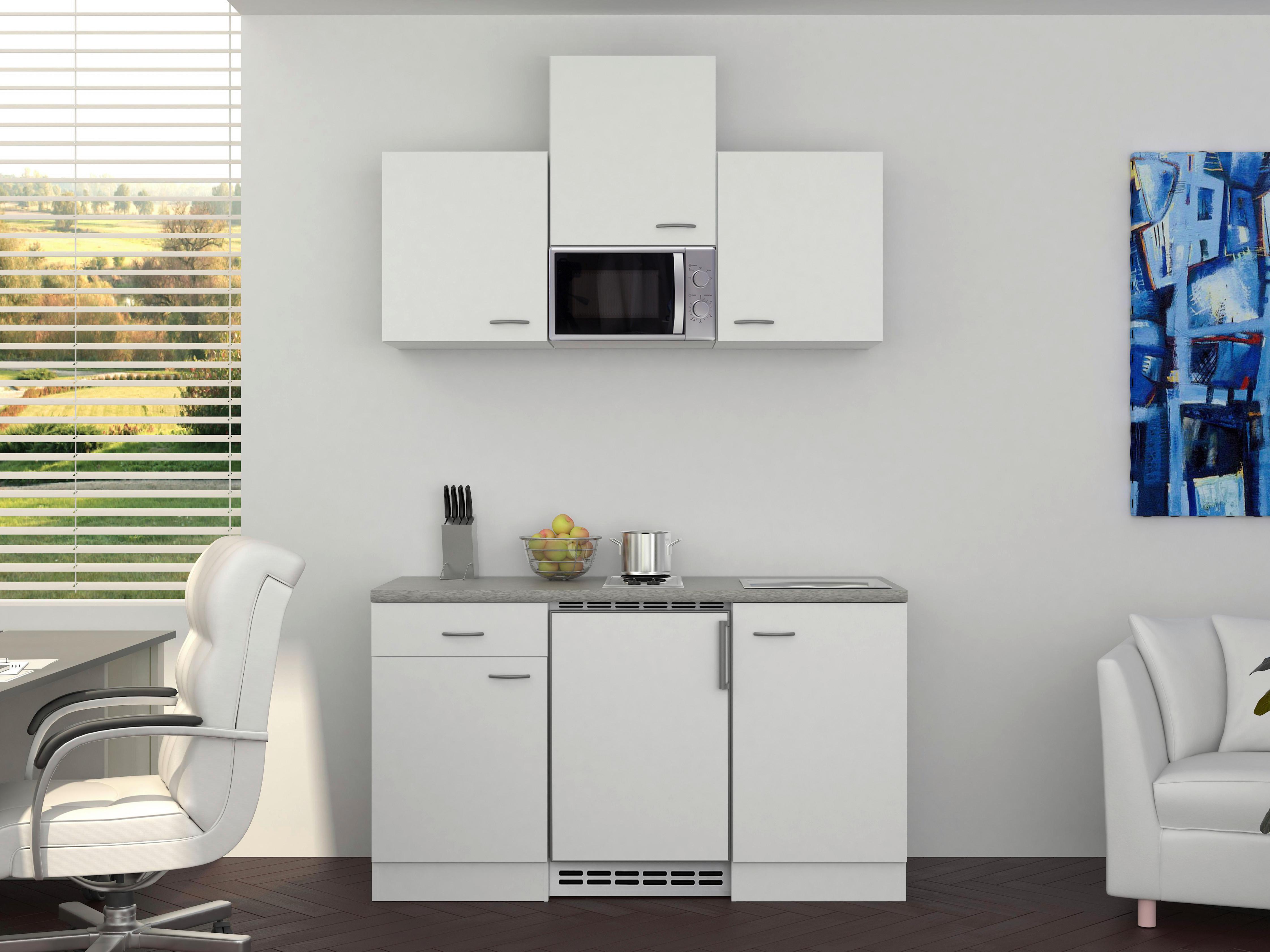 Miniküche m. Mikrowelle + Kühlschrank 150 cm Weiß/Grau