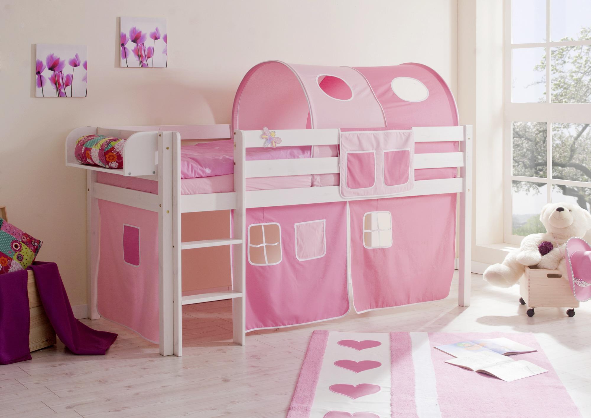 Kinderbett Malte 90x200cm Holz Massiv Weiß/Rosa mit Vorhang - Pink/Rosa, Natur, Holz (90/200cm) - MID.YOU