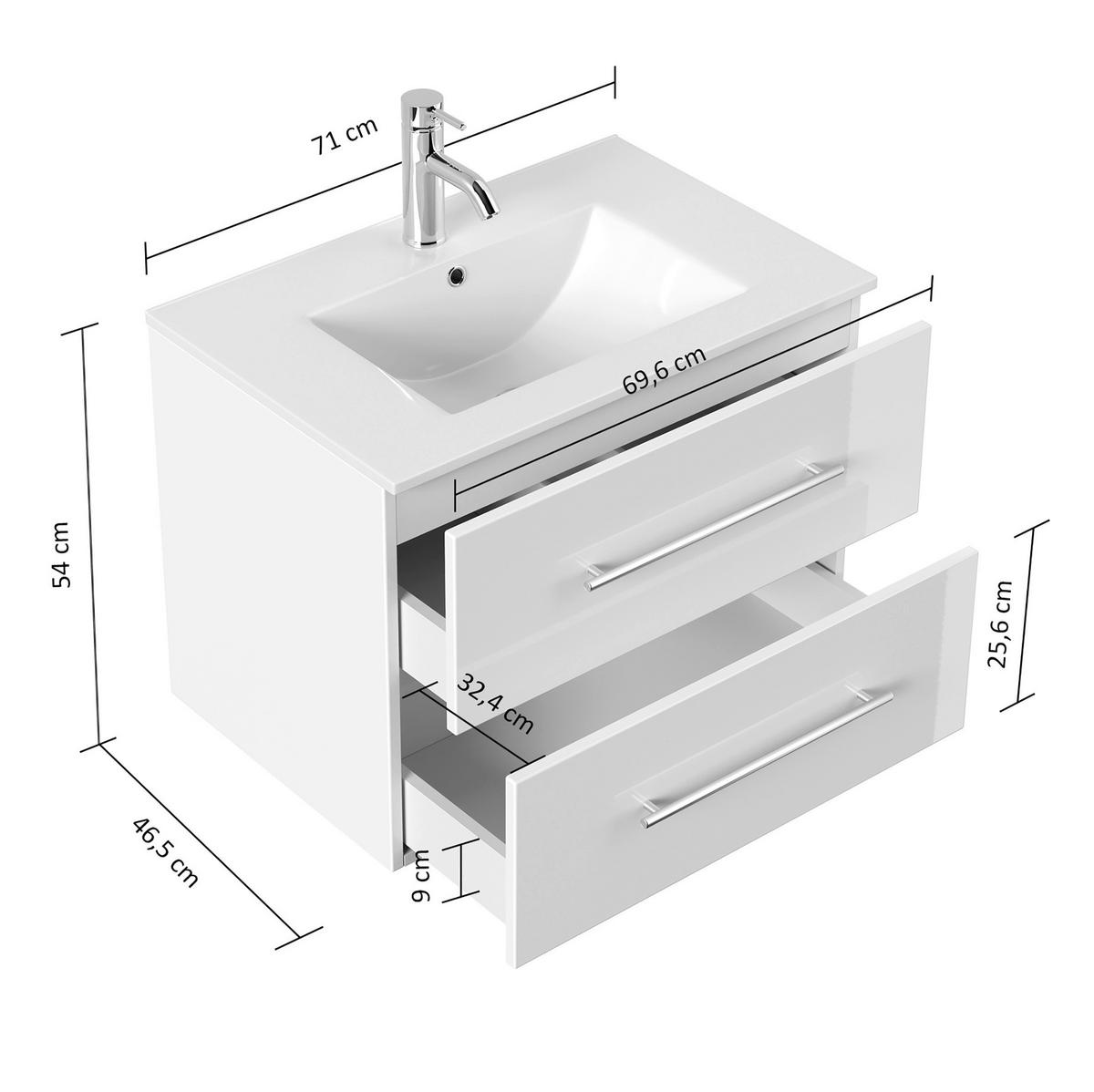 WASCHTISCHKOMBI Homeline, Weiß HG, B: 71 cm - Weiß Hochglanz/Weiß, Basics, Keramik/Holzwerkstoff (71cm) - MID.YOU