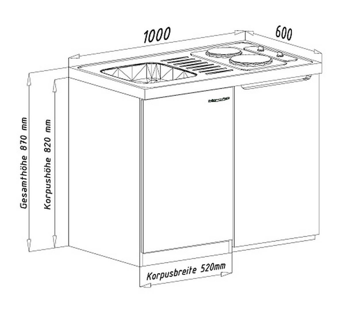 Miniküche mit Kühlschrank + Kochfeld 100 cm Grau - Edelstahlfarben/Eichefarben, MODERN, Holzwerkstoff/Metall (100cm) - Respekta