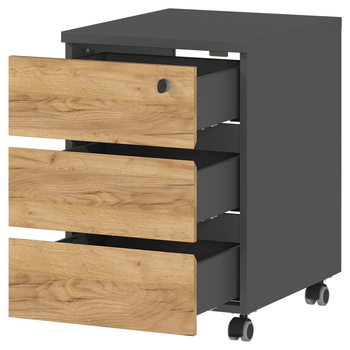 Rollcontainer Eiche Dekor Graphit Lissabon 41x60x50cm - Eichefarben/Graphitfarben, MODERN, Holzwerkstoff/Kunststoff (41/60/50cm) - Germania