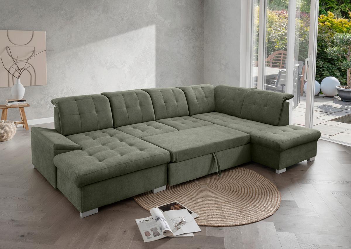 Wohnlandschaft Zira Dunkelgrün U: 169x330x212cm - Chromfarben/Dunkelgrün, MODERN, Textil (169/330/212cm) - Livetastic