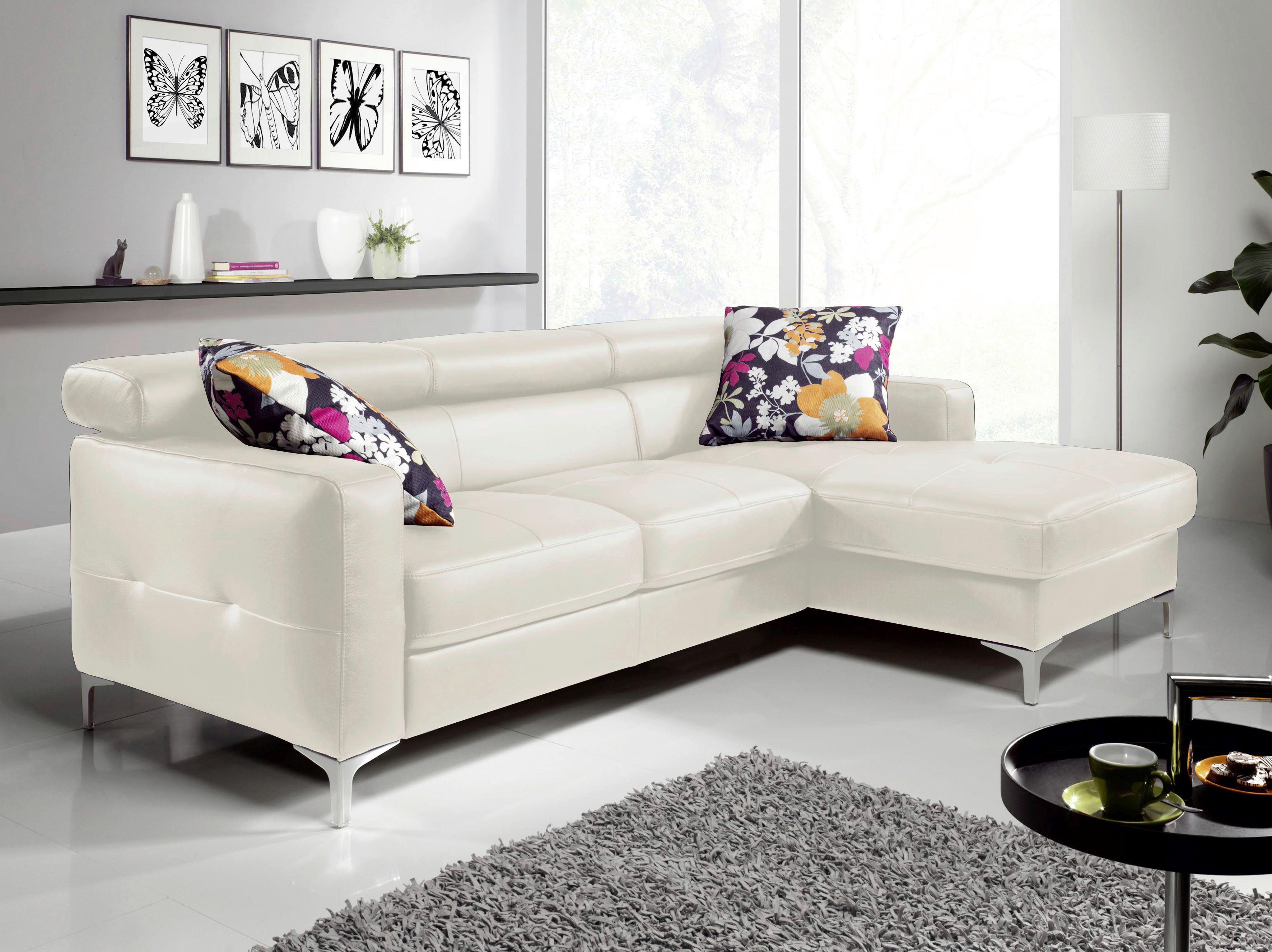 Ecksofa Mit Schlaffunktion Sammy Hellgrau - Chromfarben/Weiß, Design, Leder (227/168cm) - Livetastic