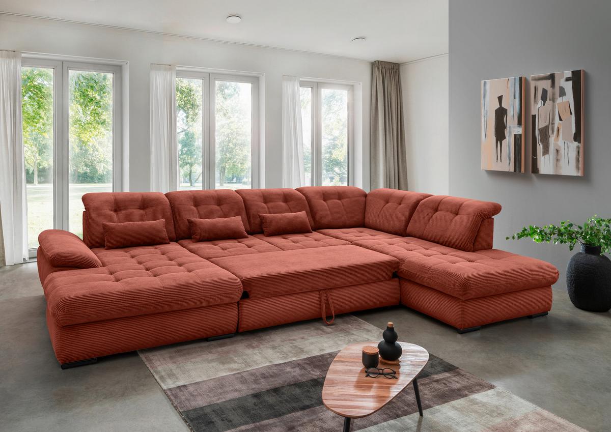 Wohnlandschaft Mit Bettkasten Rigatti Koralle B: 387 Cm - Koralle/Schwarz, MODERN, Textil (184/387/252cm) - Livetastic