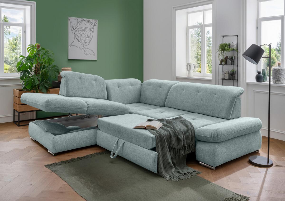 Ecksofa Dalida Mintgrün S: 254x280 cm - Chromfarben/Mintgrün, Design, Textil (254/280cm) - Livetastic