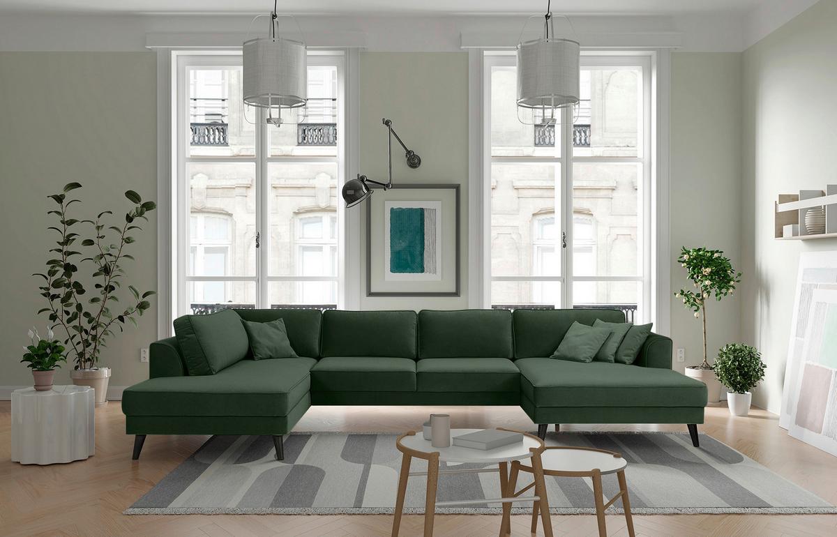 Wohnlandschaft Lumber Jack Dunkelgrün Velours - Wengefarben/Dunkelgrün, MODERN, Textil (201/348/169cm) - Trendmanufaktur