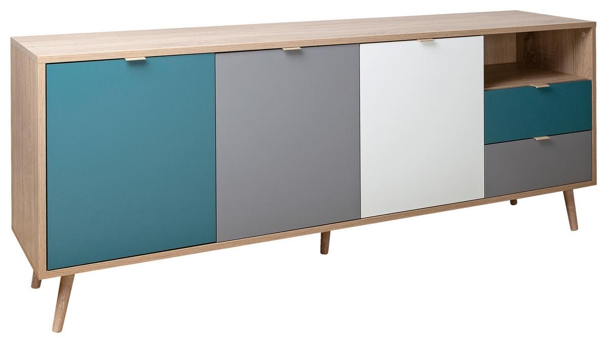 Sideboard Dekor 180 Cm Cube 56-Trend, Eiche/farbig - Eichefarben/Petrol, Trend, Holzwerkstoff (180/71/40cm) - MID.YOU