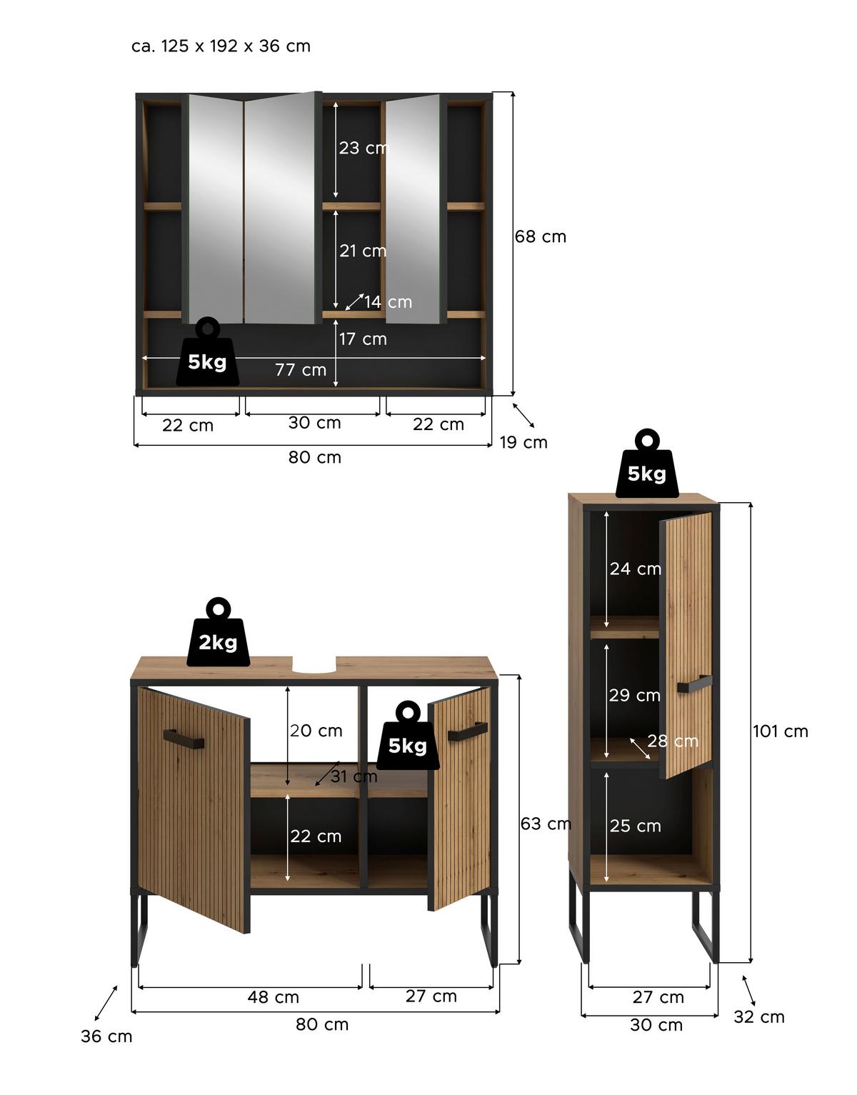 Badezimmer Bagno Schwarz /Eiche Artisan Dekor B: 110cm - Schwarz/Eiche Artisan, Trend, Glas/Holzwerkstoff (110cm) - MID.YOU
