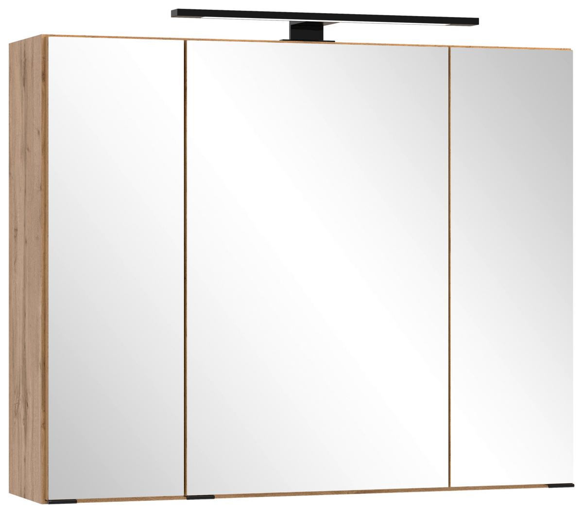 Spiegelschrank Chester mit Led Beleuchtung 3-Türig +steckdose - Eiche Wotan, MODERN, Glas/Holzwerkstoff (80/67,5/20cm) - Held