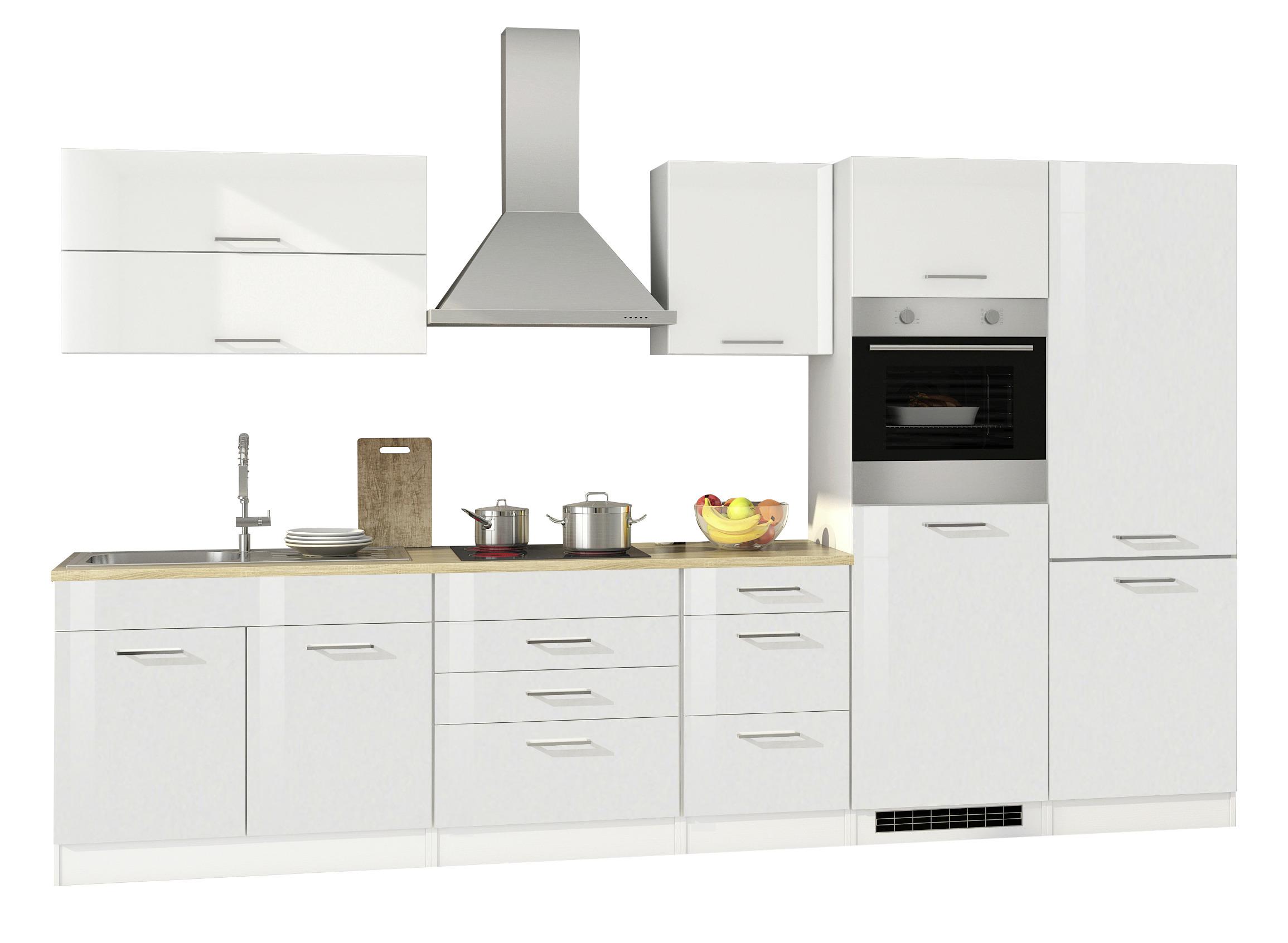 Küchenzeile Mailand mit Geräten 350 cm Weiß Hochglanz - Weiß, Basics, Holzwerkstoff (350cm) - MID.YOU