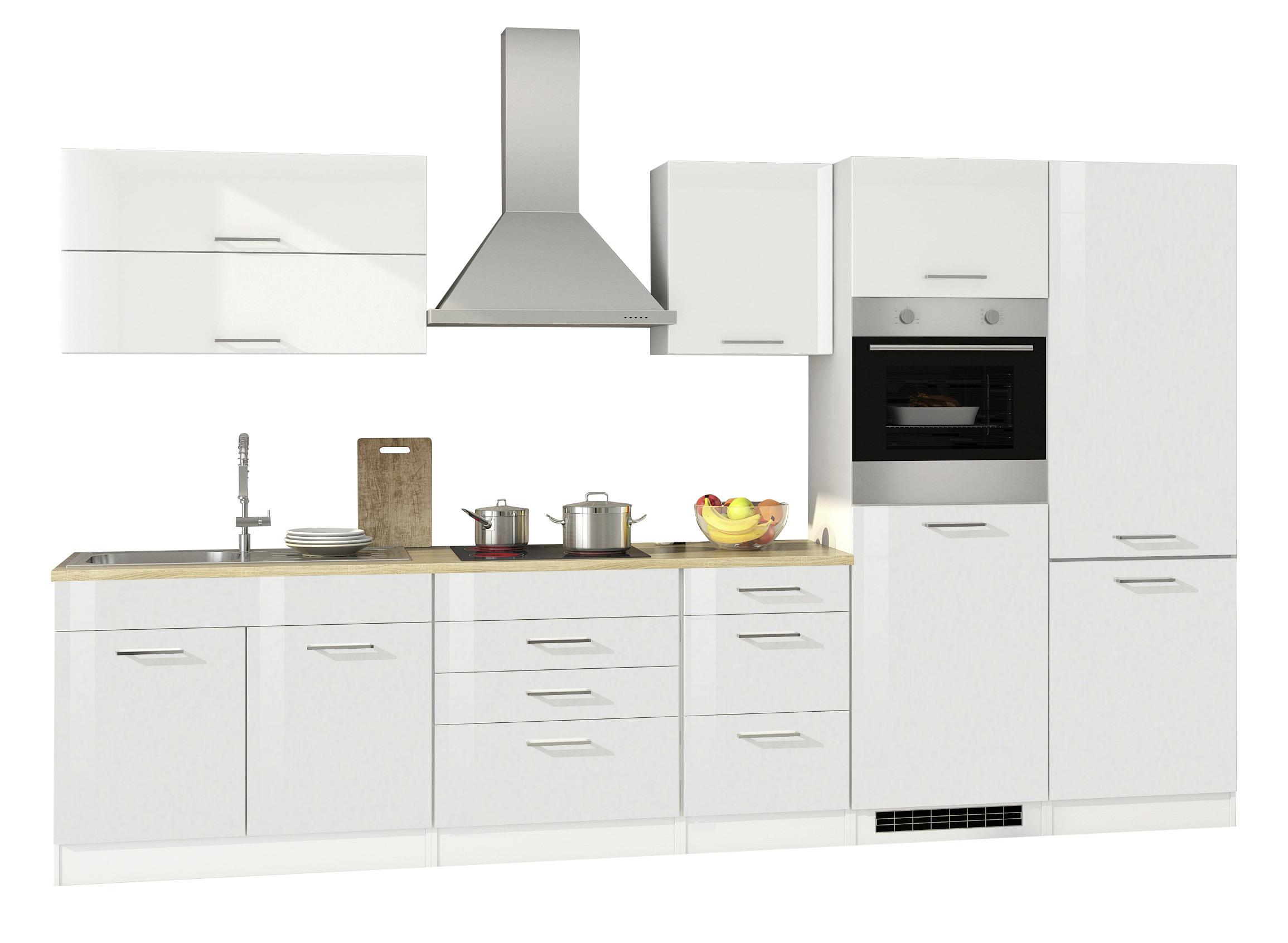 Küchenzeile Mailand mit Geräten 350 cm Weiß Hochglanz - Weiß Hochglanz/Eichefarben, Basics, Holzwerkstoff (350cm) - Held