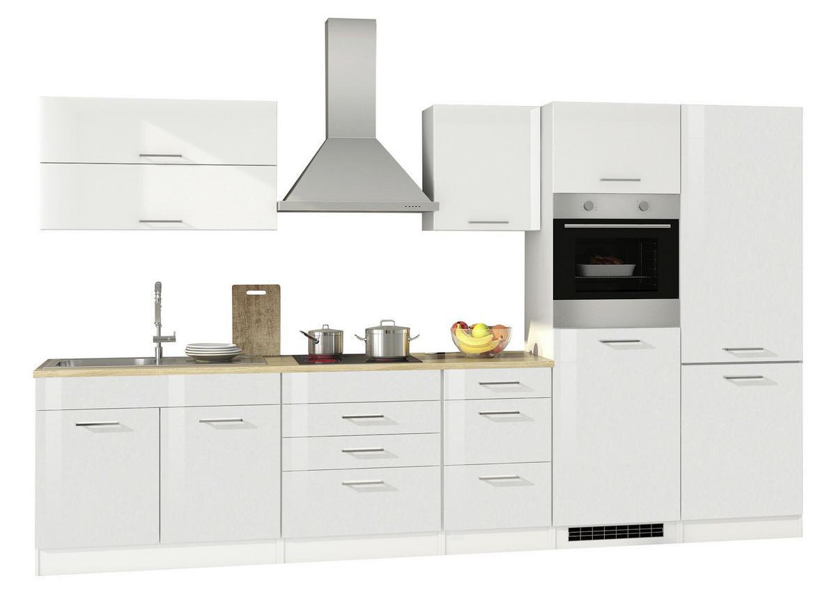 Küchenzeile Mailand Mit Geräten 350 Cm Weiß Hochglanz - Weiß Hochglanz/Eichefarben, Basics, Holzwerkstoff (350cm) - Held