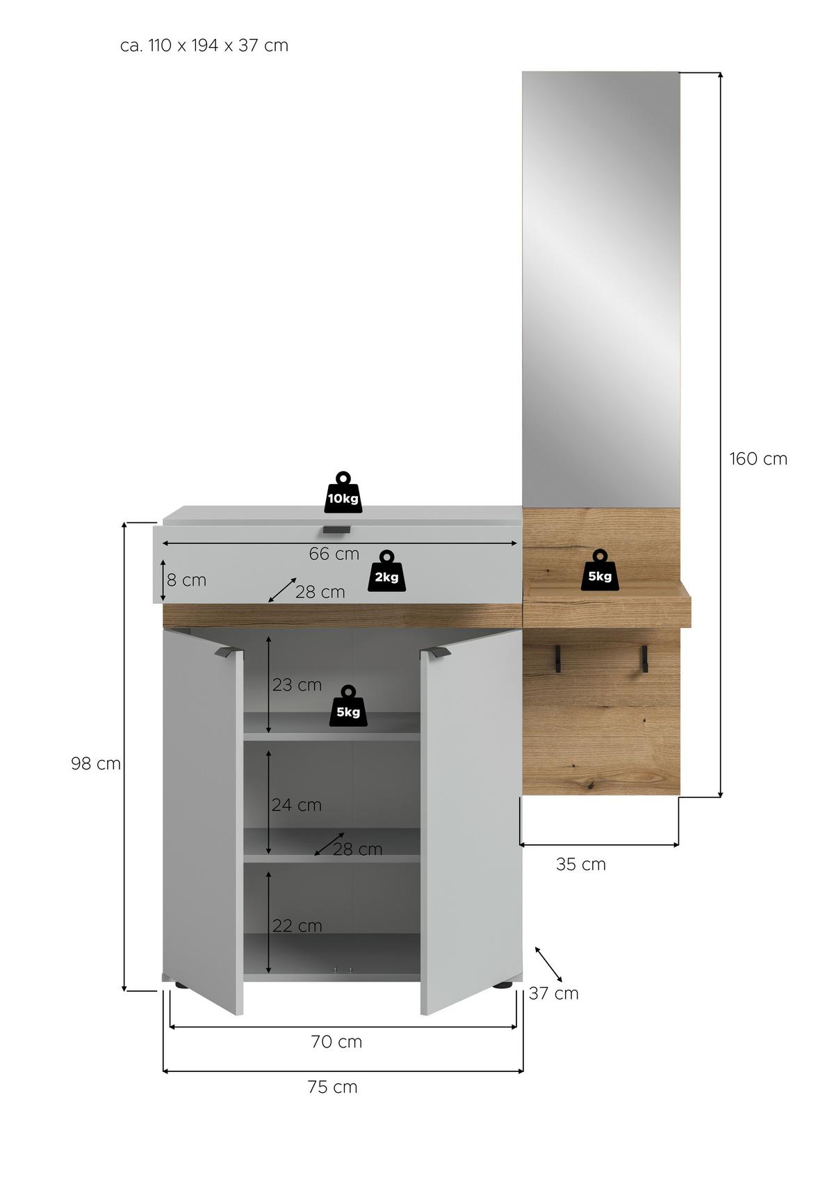Garderobe Naro Grau /Eiche dunkel Dekor B: 110cm - Eiche dunkel/Grau, Design, Holzwerkstoff (110/194/37cm) - Livetastic
