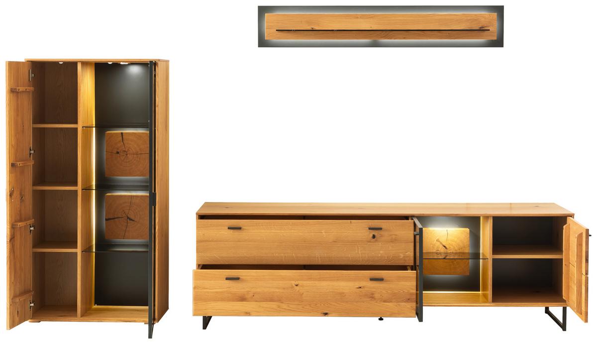 Wohnkombination Wildeiche Dekor Assini 3 -Teilig Wildeiche - Wildeiche/Schwarz, Design, Glas/Holz (306/188/50cm) - MID.YOU
