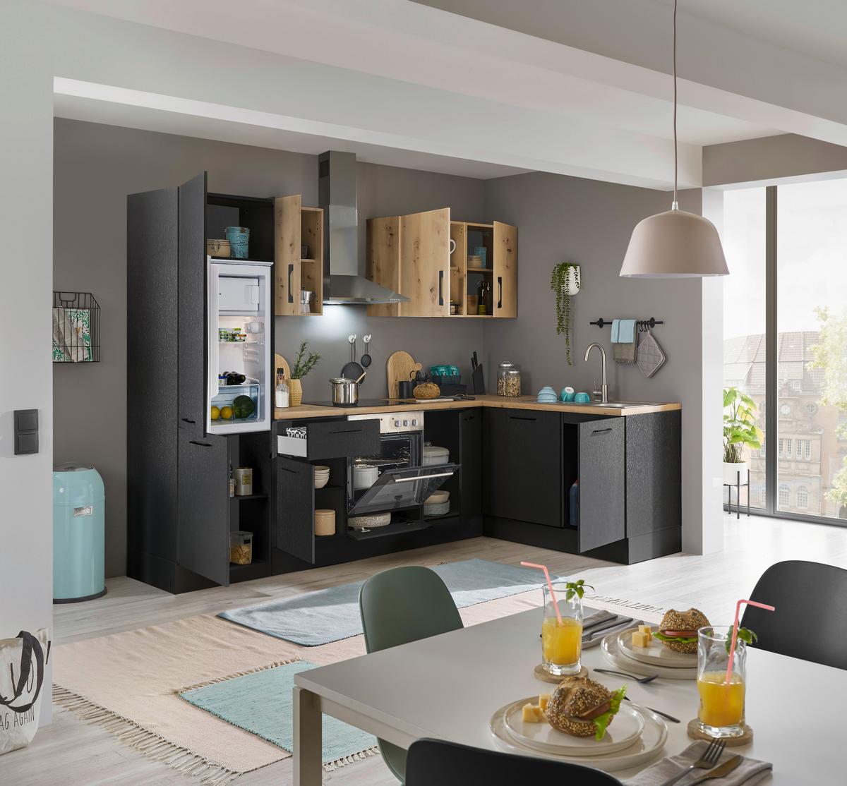 Eckküche Turin Schwarz/Eiche Dekor 280x175 cm - Schwarz/Eiche Artisan, Basics, Holzwerkstoff (280/175cm) - MID.YOU