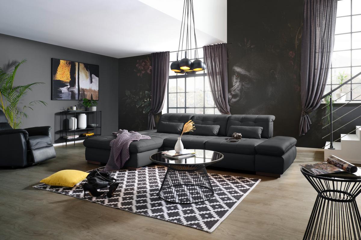 Rohová sedačka SANFINO, ľavá, čierna pravá koža - čierna/chrómová, Konventionell, kov/koža (199/305cm) - Premium Living