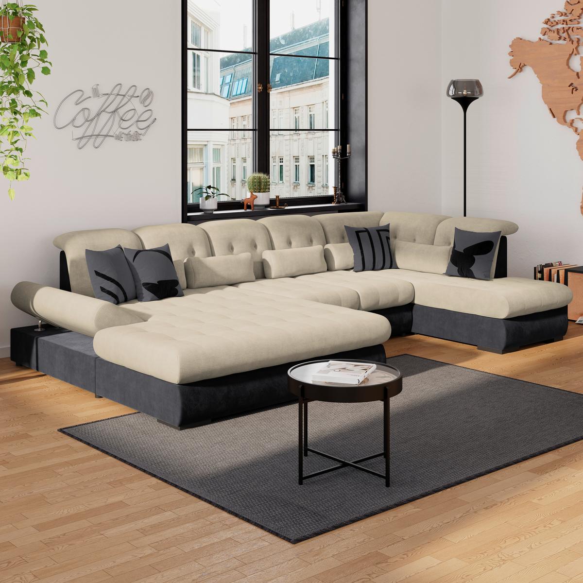 Wohnlandschaft Madera Cremefarben S: 358x212 cm - Anthrazit/Creme, KONVENTIONELL, Kunststoff/Textil (190/358/212cm)