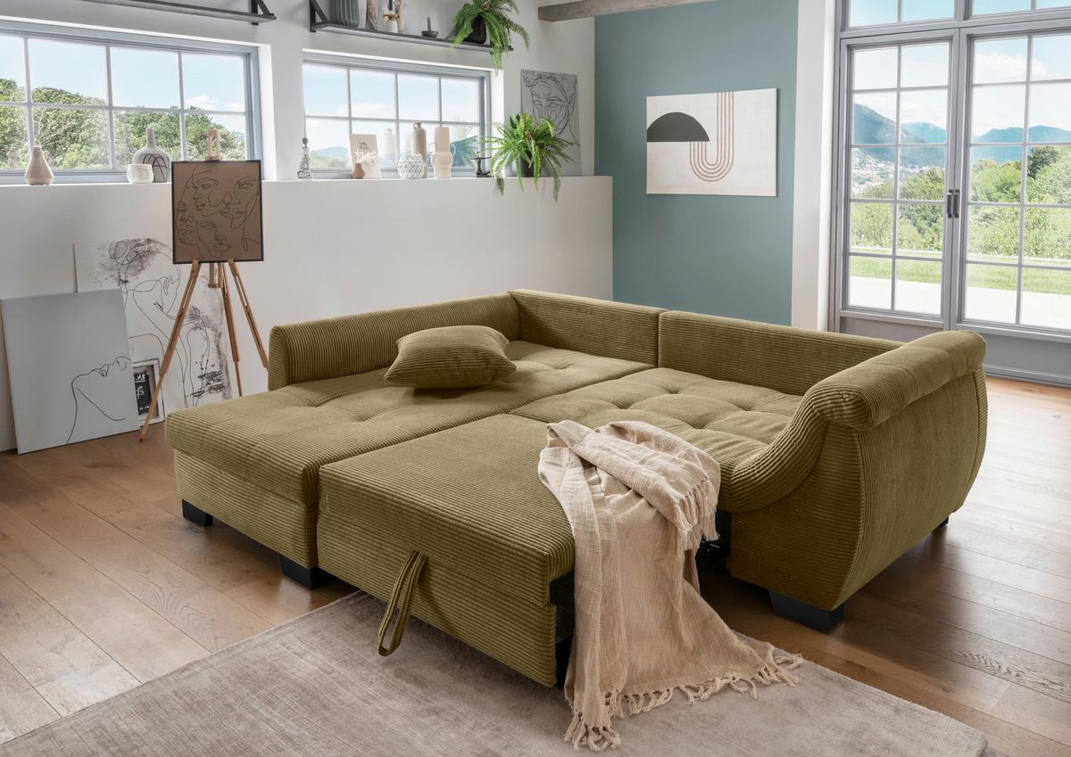 Ecksofa mit Schlaffunktion Flora Olivgrün Cord - Schwarz/Olivgrün, Design, Textil (190/250cm) - MID.YOU