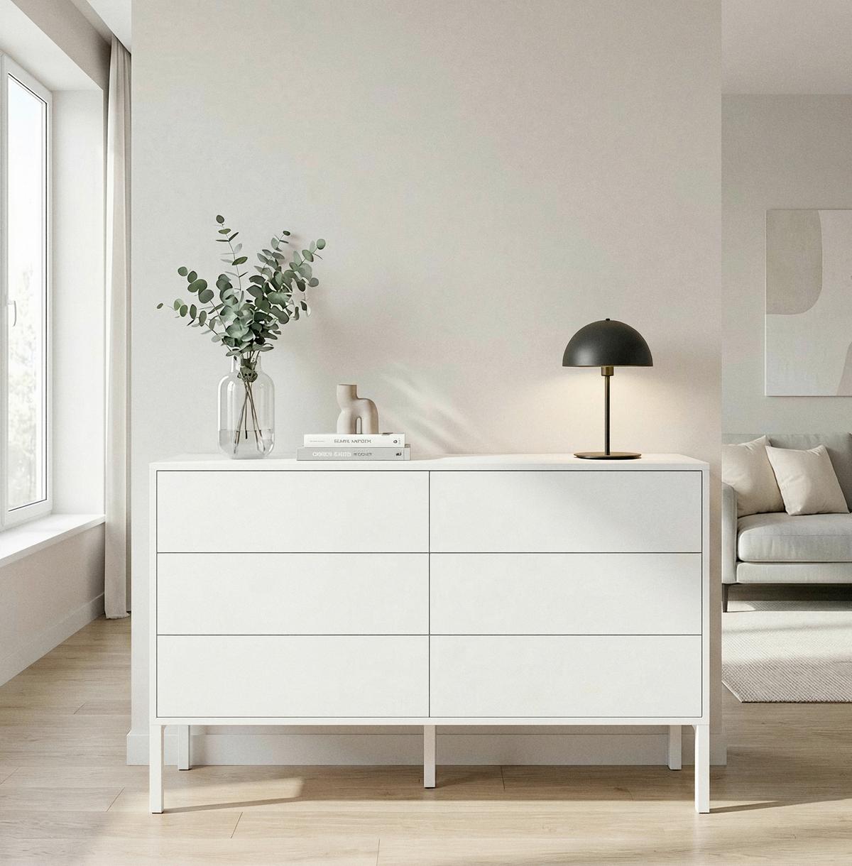 Široká komoda se 6 zásuvkami MDF/Kov s práškovým nátěrem - bílá, Moderní, kov/kompozitní dřevo (120/80/40cm) - Bessagi Home