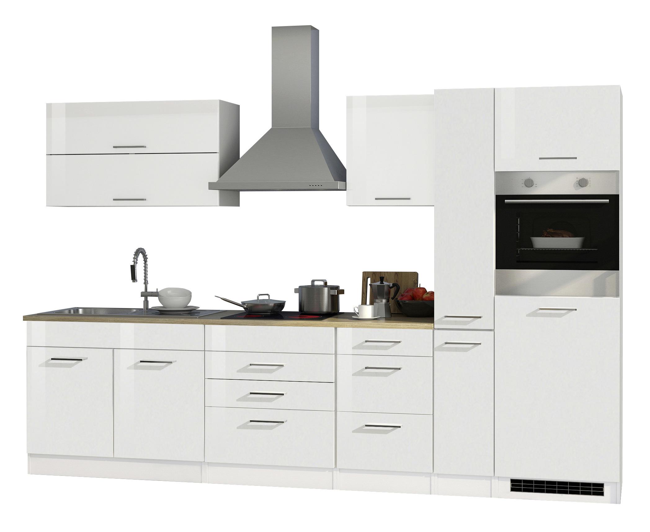 Küchenzeile Mailand mit Geräten 320 cm Weiß Hochglanz - Eichefarben/Weiß, MODERN, Holzwerkstoff (320cm) - MID.YOU